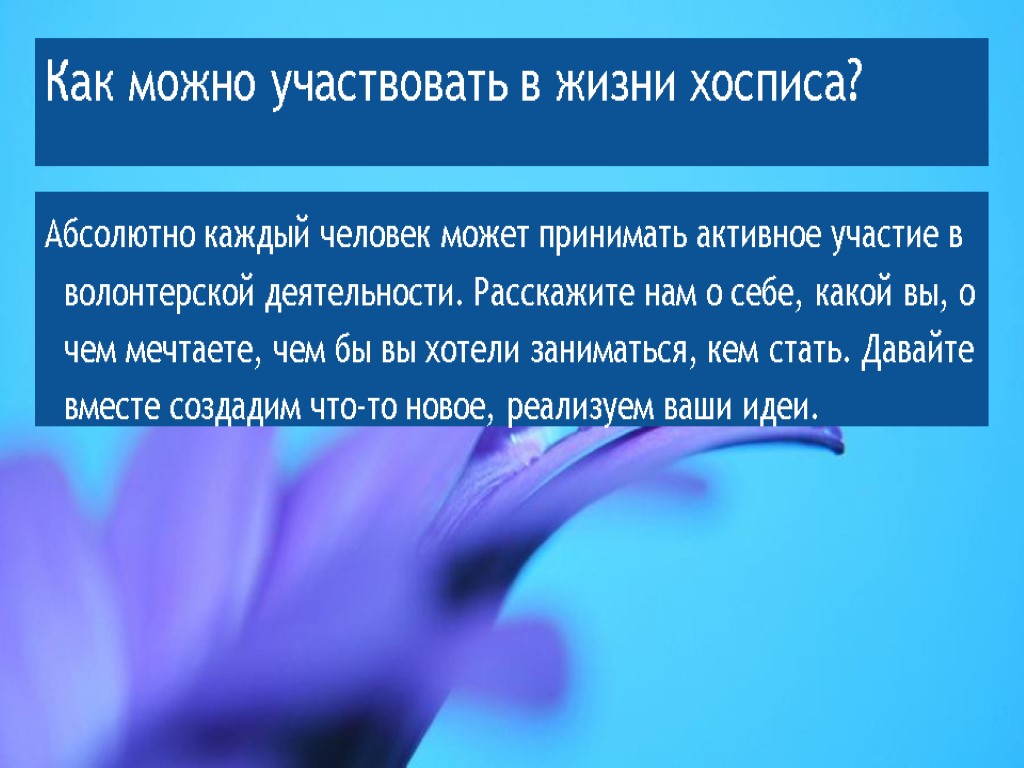 Как можно участвовать в жизни хосписа? Абсолютно каждый человек может принимать активное участие в